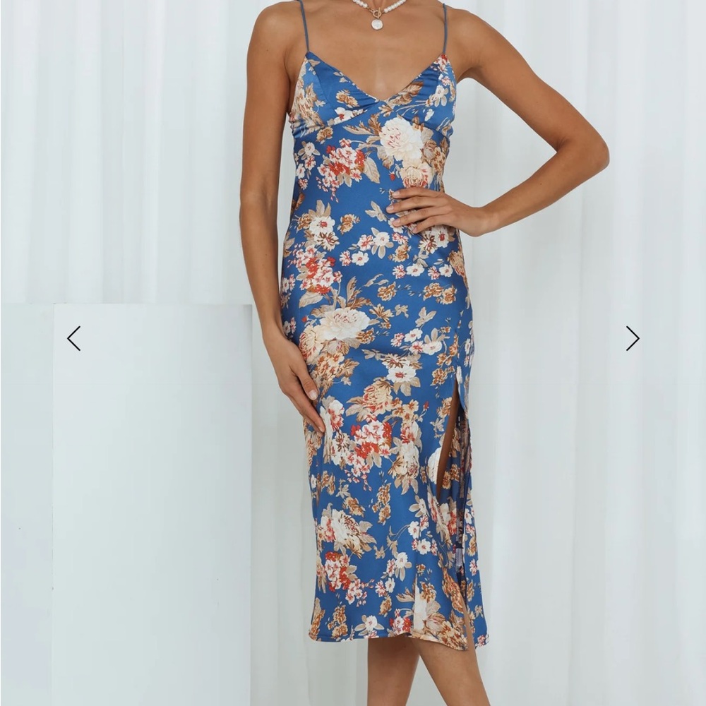 NWT Hello Molly Staring At Me Midi Blue Dress | Floral| Satin | Side Slit | 8